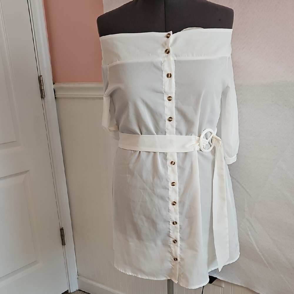 White Off-Shoulder Button-Down Dress